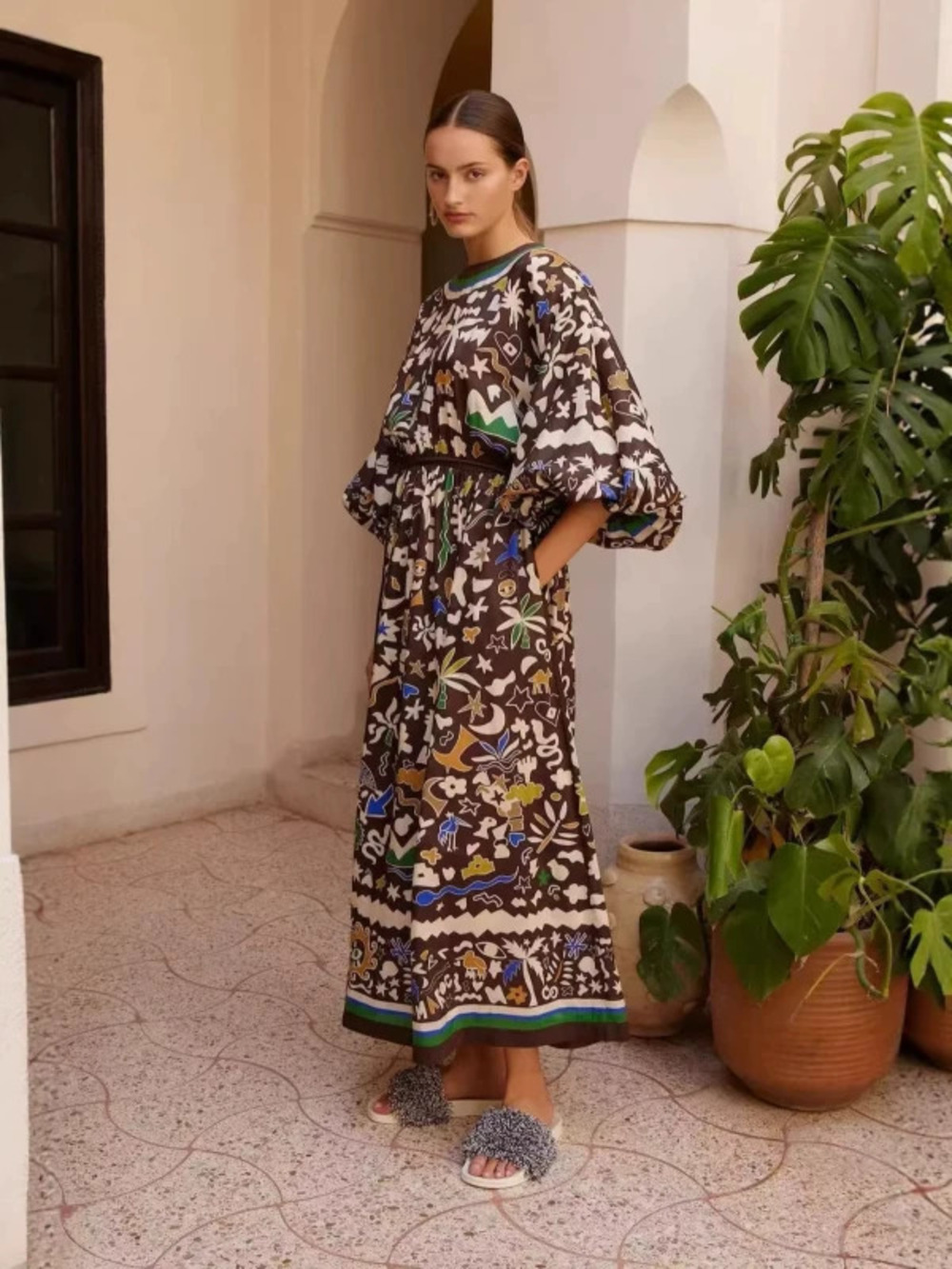 ZARA Yama Linen Loose Lantern Sleeve Maxi Dress Elegant Casual